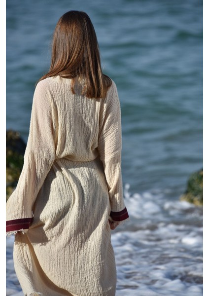 Naturel Pamuk Crinkle Kaftan Kimono Seti -135 Cm- Aynı Kumaştan Havlu 170x110 Cm, Bordo Çantalı indirimleri