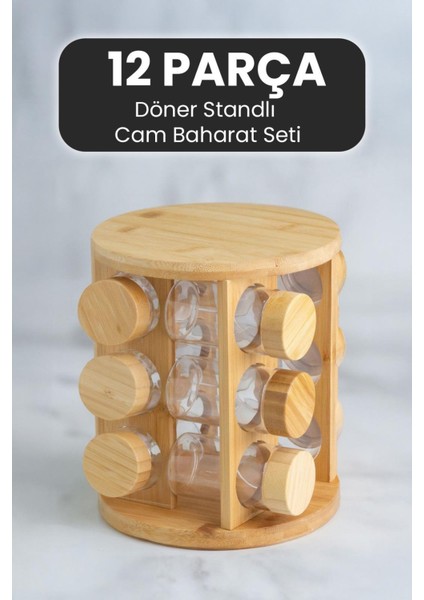 12 Parça Bambu Döner Stantlı Cam Baharat Seti Kavanoz