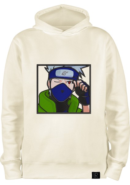 Naruto Hoodie Erkek Kadın Sweatshirt Oversize Nakışlı Krem Pamuklu Kapşonlu Sweat Kakashi Hatake