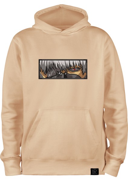 Oversize Unisex Kapşonlu Sweatshirt Ken Kaneki Anime Nakışlı Hoodie Erkek Kadın Bej Pamuklu Sweat