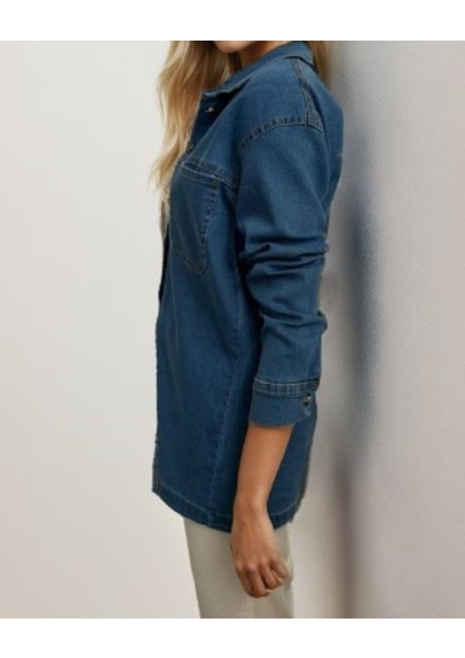 Büyük Beden Mavi Çift Cepli Jean Gömlek fiyatları