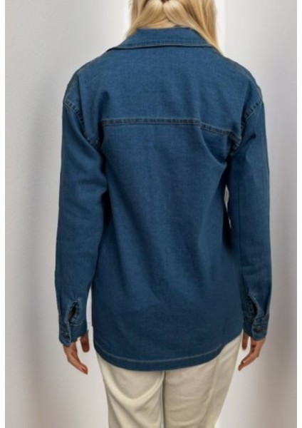 Büyük Beden Mavi Çift Cepli Jean Gömlek modelleri