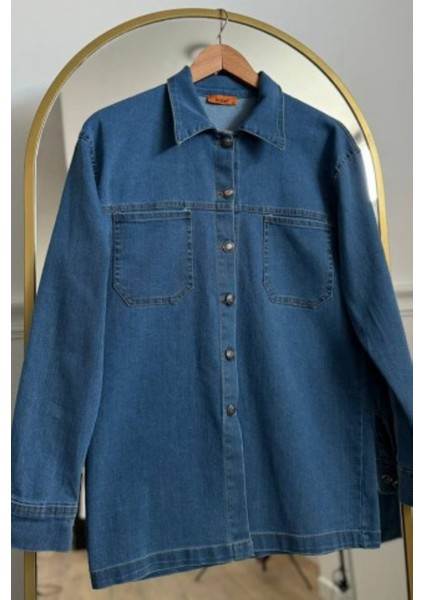 Büyük Beden Mavi Çift Cepli Jean Gömlek fırsatları