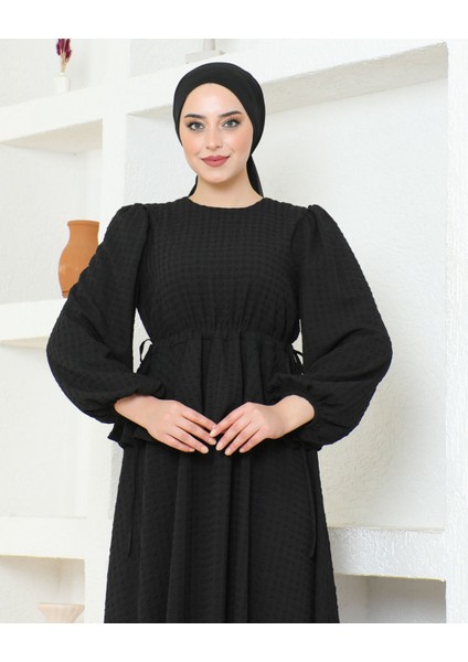 Gofre Kumaş Astarlı Uzun Elbise Siyah modelleri