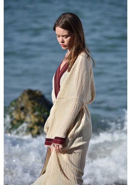Naturel Pamuk Crinkle Kaftan Kimono Seti -135 Cm- Aynı Kumaştan Havlu 170x110 Cm, Bordo Çantalı