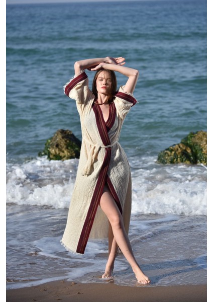Naturel Pamuk Crinkle Kaftan Kimono Seti -135 Cm- Aynı Kumaştan Havlu 170x110 Cm, Bordo Çantalı