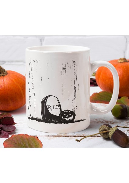 Rıp Yazılı Mezar Taşı ve Gülen Balkabağı Korkuluk Cadılar Bayramı Hediyelik Baskılı Kupa Bardak fiyatları