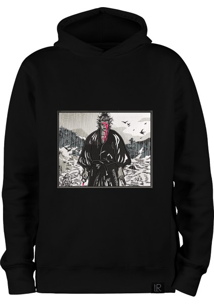 Pamuklu Oversize Unisex Sweatshirt Nakışlı Miyamoto Musashi Hoodie Kışlık Siyah Kapşonlu Sweatshirt