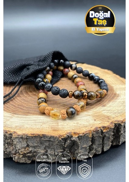 Doğal Taş Erkek Bileklik Kombin Siyah Akik, Kaplan Gözü, Sitrin, Jasper, Rudraskha ve Hematit Taşı Kombin Bileklik