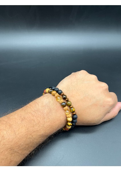 Doğal Taş Erkek Bileklik Kombin Siyah Akik, Kaplan Gözü, Sitrin, Jasper, Rudraskha ve Hematit Taşı Kombin Bileklik fırsatları