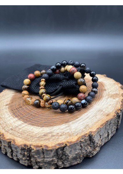 Doğal Taş Erkek Bileklik Kombin Siyah Akik, Kaplan Gözü, Sitrin, Jasper, Rudraskha ve Hematit Taşı Kombin Bileklik indirimleri