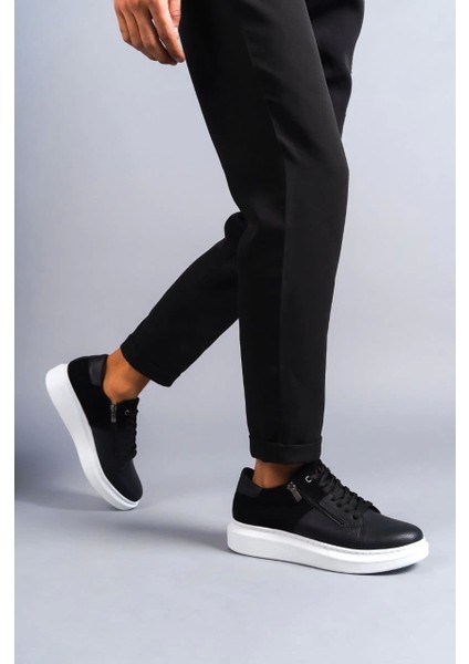 Saklı Moda SLW155 Warrior Bağcıklı ve Fermuarlı Cilt Süet Erkek Günlük Sneaker Ayakkabı Bt Siyah
