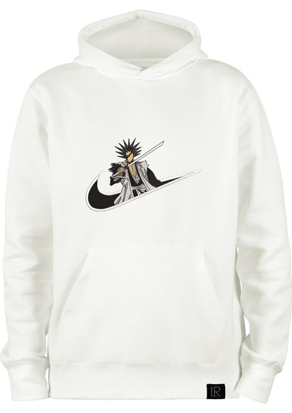 Unisex Kırık Beyaz Oversize Pamuklu Kapşonlu Sweatshirt Nakışlı Bleach Kanguru Cepli Anime Hoodie