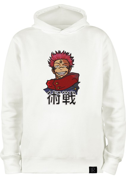 Pamuklu Oversize Kapüşonlu Kırık Beyaz Sweatshirt Ryomen Sukuna Nakışlı Unisex Sweatshirt Hoodie