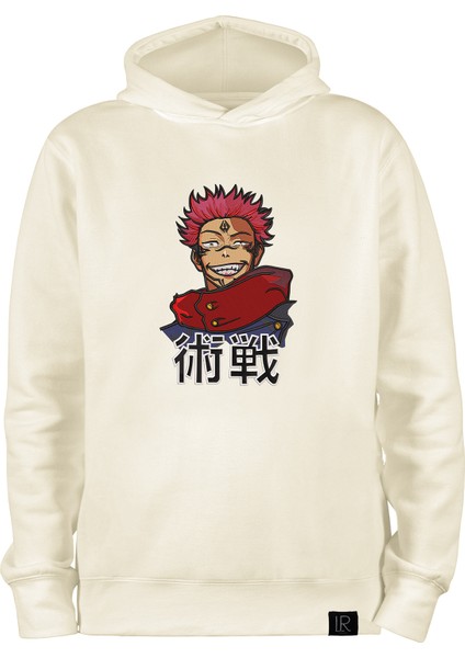 Pamuklu Oversize Kapüşonlu Ekru Sweatshirt Ryomen Sukuna Nakışlı Unisex Sweatshirt Hoodie
