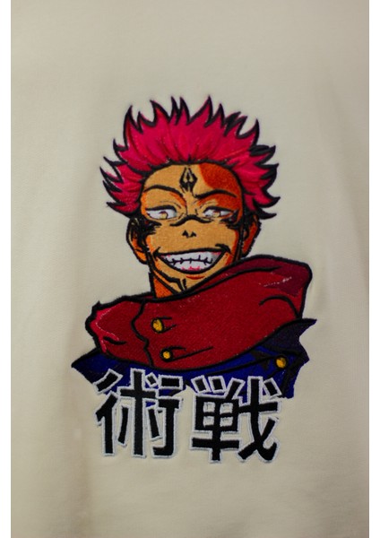 Pamuklu Oversize Kapüşonlu Ekru Sweatshirt Ryomen Sukuna Nakışlı Unisex Sweatshirt Hoodie