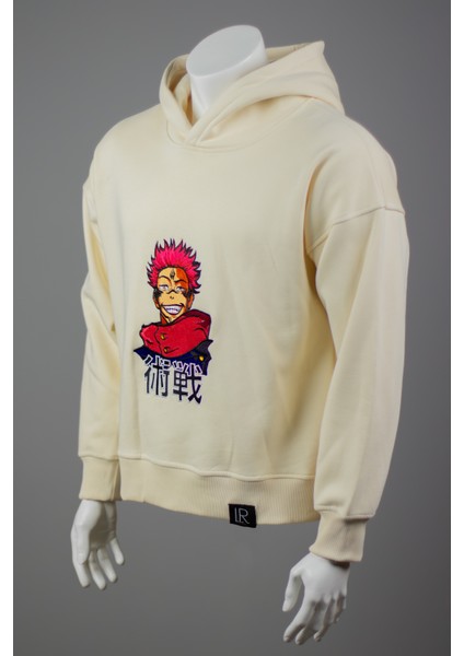 Pamuklu Oversize Kapüşonlu Ekru Sweatshirt Ryomen Sukuna Nakışlı Unisex Sweatshirt Hoodie
