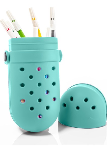 Silikon Kalem Kutusu, Crocs Süslü Kalemlik, 4 Adet Jibbitz Süs Hediye, Turkuaz Renk, BPA Free + Antibakteriyel, Yerli Üretim