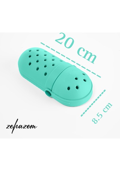 Silikon Kalem Kutusu, Crocs Süslü Kalemlik, 4 Adet Jibbitz Süs Hediye, Turkuaz Renk, BPA Free + Antibakteriyel, Yerli Üretim