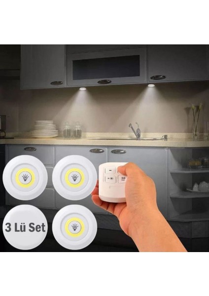 Uzaktan Kumandalı Yapışkanlı Kablosuz Pilli LED 3'lü Spot Lamba