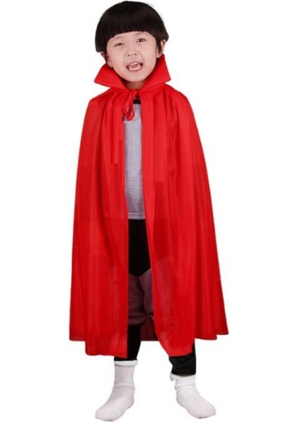 Kırmızı Renk Yakalı Pelerin Halloween Kostüm Çocuk Boy 90 cm