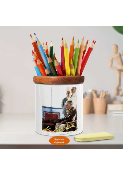 Koltukta Mustafa Kemal Atatürk Ahşap Seramik Kalemlik -Ataturk29