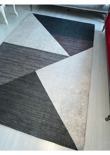 Carpet Cover Yeni Piramit Lacivert Gri Krem Lastikli Kadife Halı Örtüsü