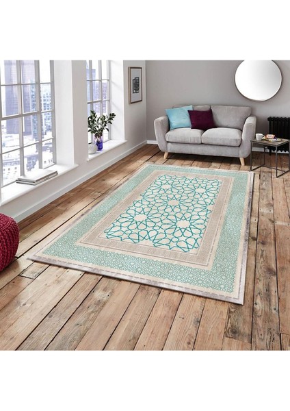 Carpet Cover Mavi Çini Model Ipek Kadife Lastikli Halı Örtüsü