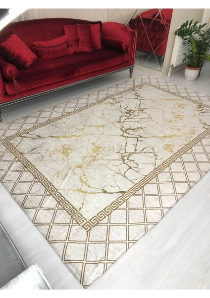 Carpet Cover Yeni Model Krem Piramit Lastikli Halı Örtüsü Kadife