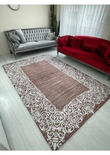 Su Yolu Kahve Model Kadife/İpek Lastikli Halı Örtüsü/Kılıfı