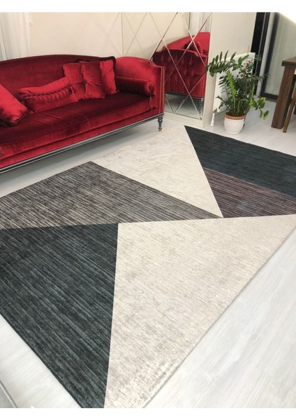 Carpet Cover Yeni Piramit Lacivert Gri Krem Lastikli Kadife Halı Örtüsü