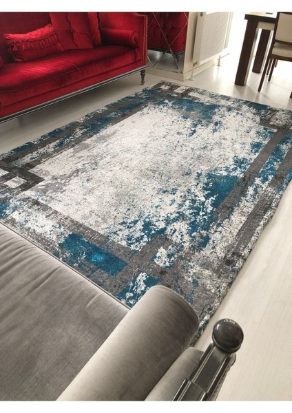 Carpet Cover Yeni Model Mavi Çerçeve Lastikli Halı Örtüsü