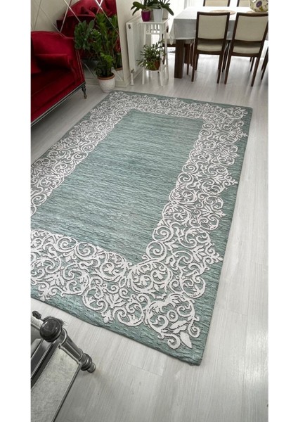 Carpet Cover Su Yolu Yeşil Model Lastikli Kadife Halı Örtüsü