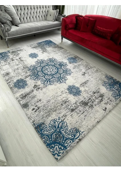 Carpet Cover Mavi Padişah Model Ipek Kadife Lastikli Halı Örtüsü