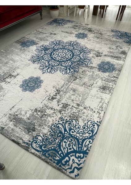 Carpet Cover Mavi Padişah Model Ipek Kadife Lastikli Halı Örtüsü