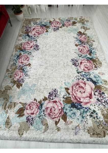 Carpet Cover Güllü Model Lastikli Kadife Halı Örtüsü