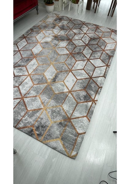 Carpet Cover Gri Piramit Model Ipek Kadife Lastikli Halı Örtüsü