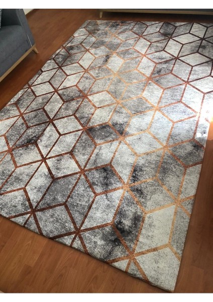 Carpet Cover Gri Piramit Model Ipek Kadife Lastikli Halı Örtüsü