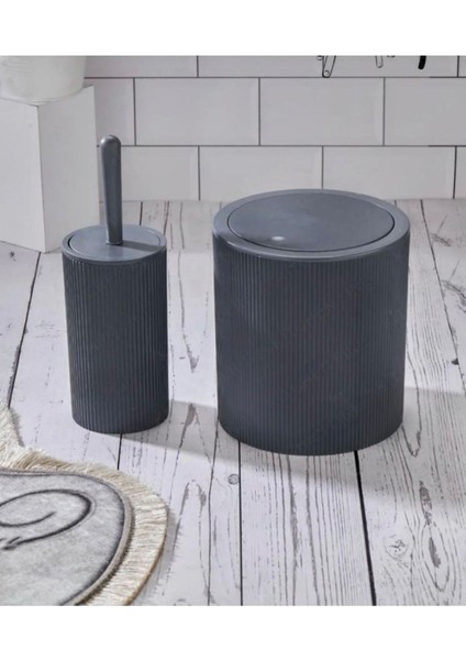 Yuvarlak Çöp Kovası & Yuvarlak Tuvalet Fırçası Seti Ikili Banyo Seti Koyu Gri