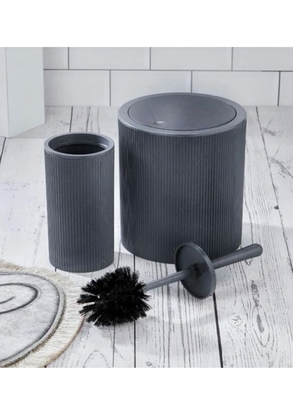 Yuvarlak Çöp Kovası & Yuvarlak Tuvalet Fırçası Seti Ikili Banyo Seti Koyu Gri
