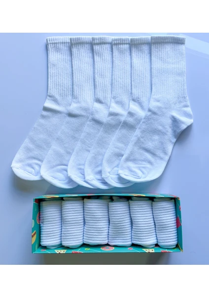 Socks And More Beyaz 6'lı Çorap Kutusu Soket Uzun Unisex Kolej Sm