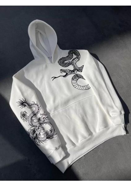 Uzun Kol Kapşonlu Baskılı Sweatshirt - Beyaz