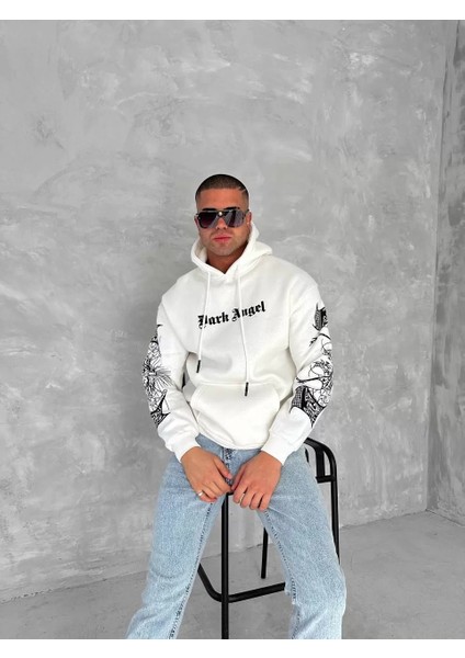 Üç Iplik Uzun Kol Kapşonlu Baskılı Sweatshirt - Beyaz