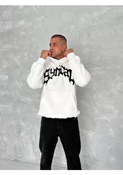 Unisex Üç Iplik Kapşonlu Baskılı Sweatshirt - Beyaz