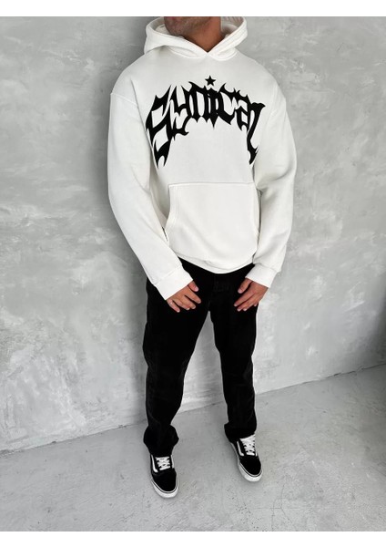 Unisex Üç Iplik Kapşonlu Baskılı Sweatshirt - Beyaz