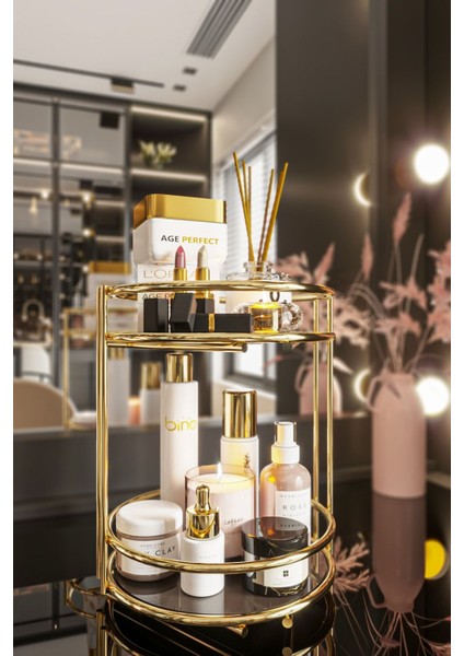 Tekno Trust Banyo Kozmetik Takı Düzenleyici Çok Amaçlı Organizer 2 Katlı Servis Sunum Tepsisi Ikramlık Gold