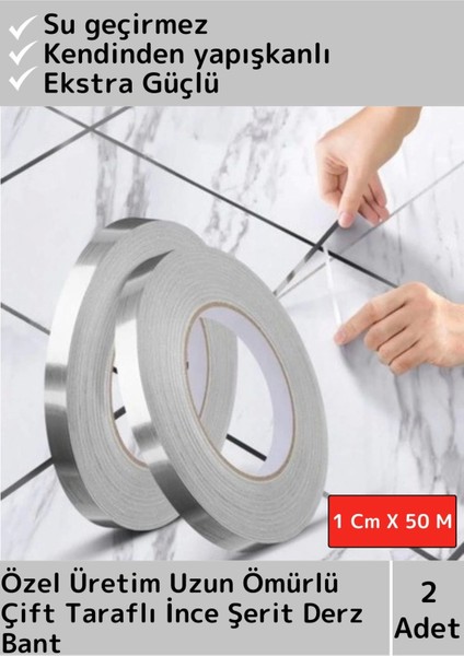 Premium Seri Uzun Ömürlü Ekstra Güçlü Su Geçirmez Fayans Arası Şerif Derz Bant 1 cm x 50 Metre 2 Adt
