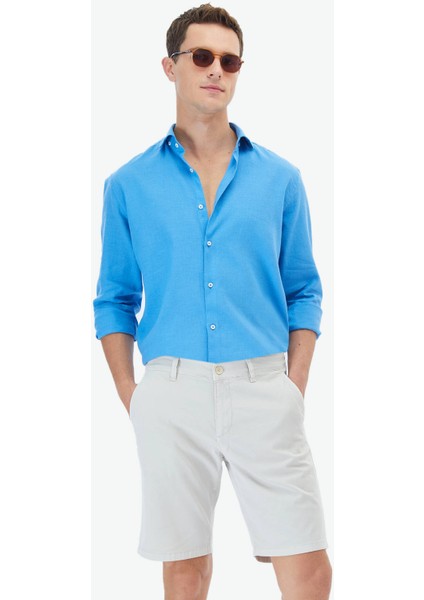 Koyu Mavi Düz Regular Fit Dokuma Casual Pamuk Karışımlı Gömlek