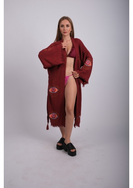 Bordo Ağaç Baskı Mistik Göz Desenli Kuşaklı Üç Kat Müslin Kimono , Sabahlık , Bornoz