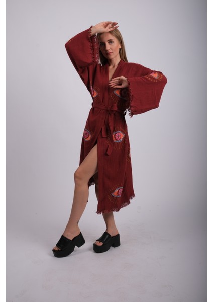 Bordo Ağaç Baskı Mistik Göz Desenli Kuşaklı Üç Kat Müslin Kimono , Sabahlık , Bornoz